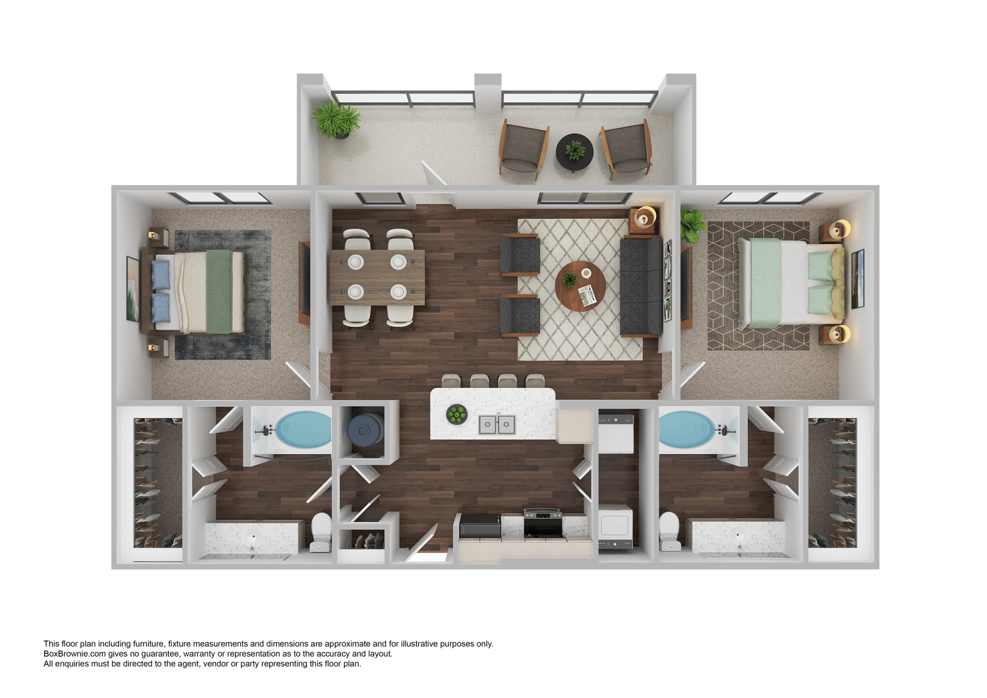 Floor plan of a two-bedroom apartment with living room, kitchen, and balcony.
