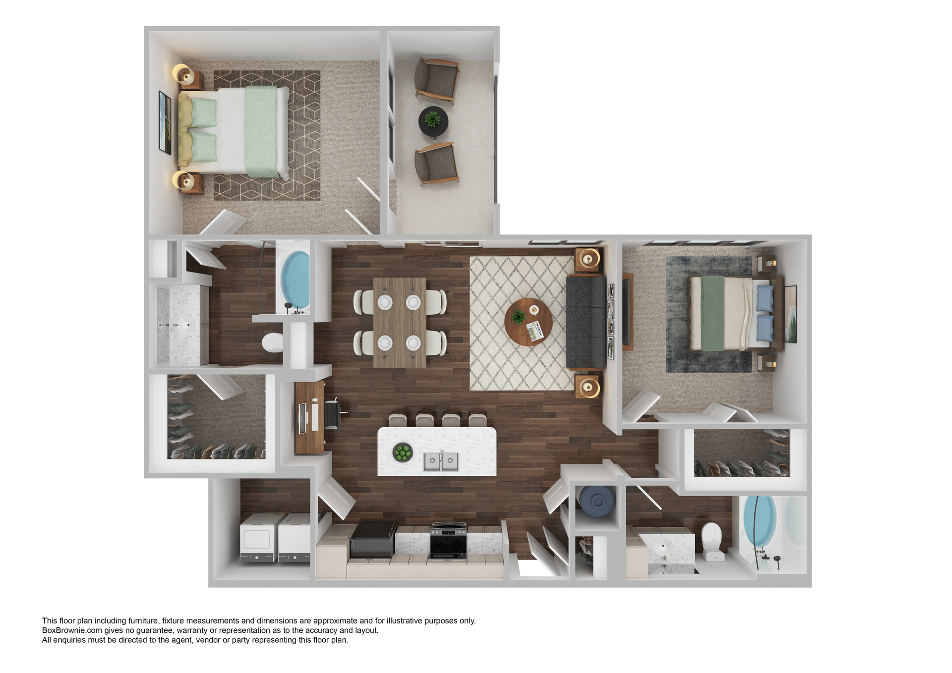 Floor plan of a two-bedroom apartment with a kitchen, dining area, and living room.