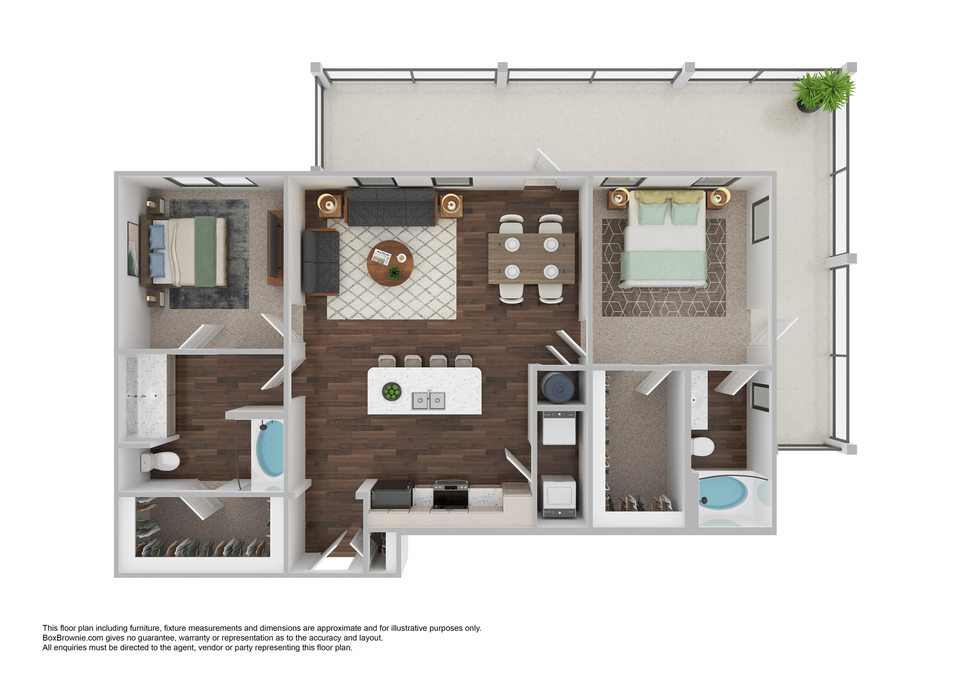 Floor plan of an apartment with two bedrooms, a kitchen with an island, and a large balcony.