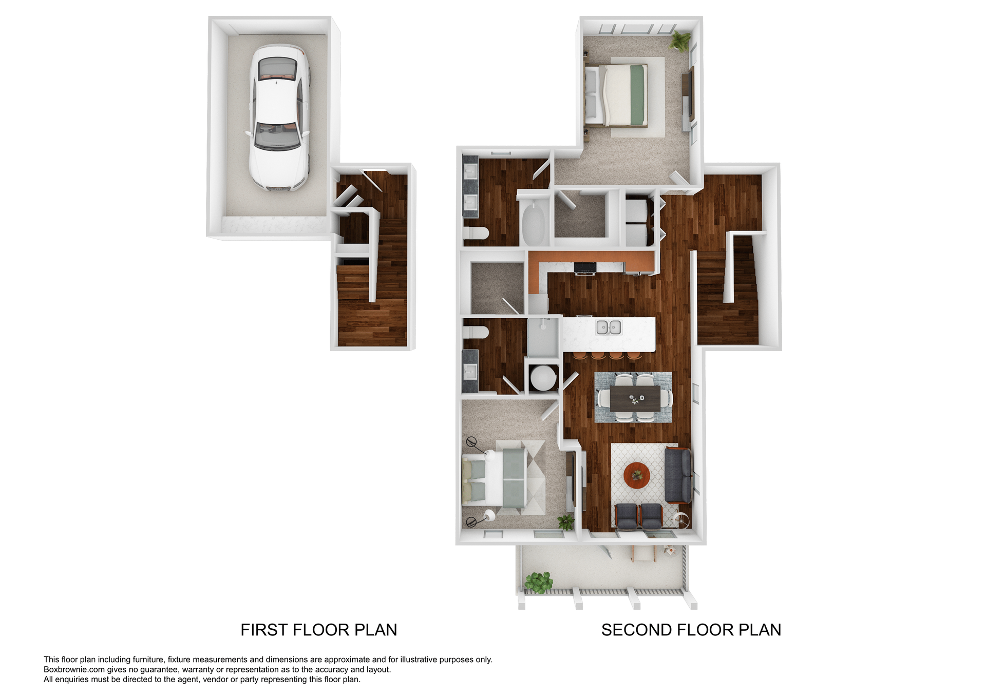 Floor plan showing a two-story home. Includes garage, bedrooms, kitchen, living area, and outdoor spaces.