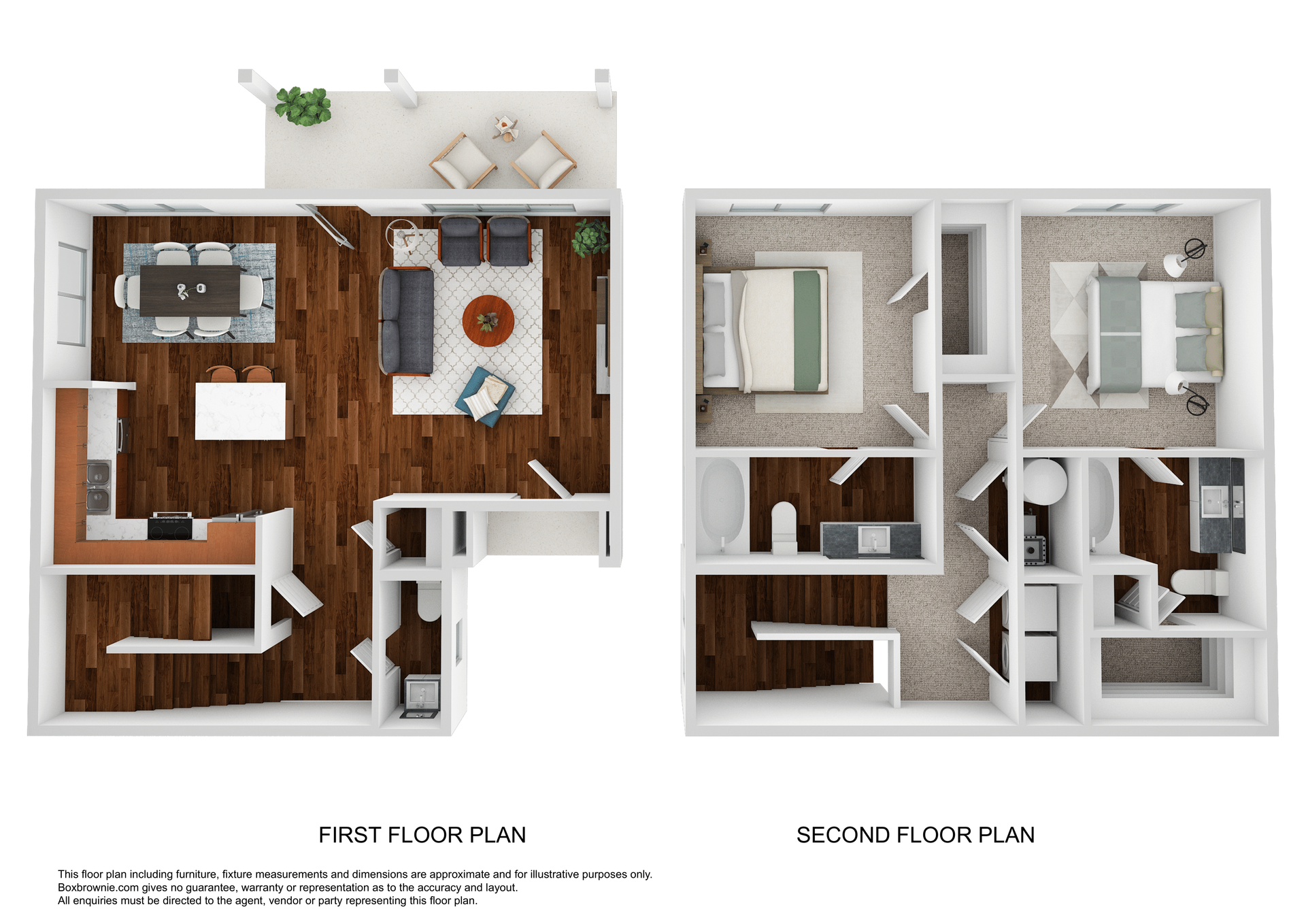Floor plan: two-story apartment. First floor: kitchen, dining, living, balcony. Second floor: bedrooms, bathrooms.