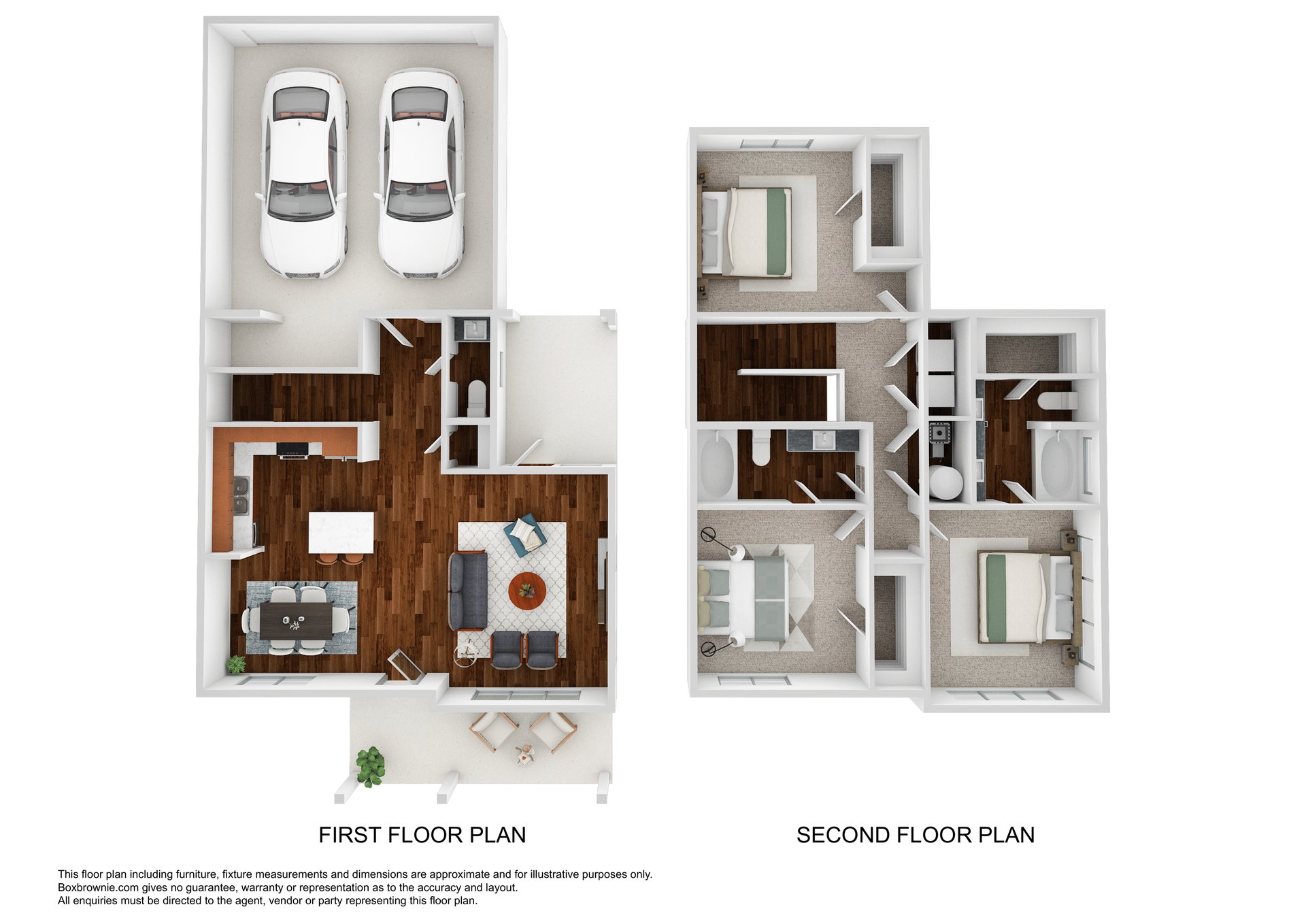 Floor plan of a two-story house with a garage, kitchen, living room, and three bedrooms.
