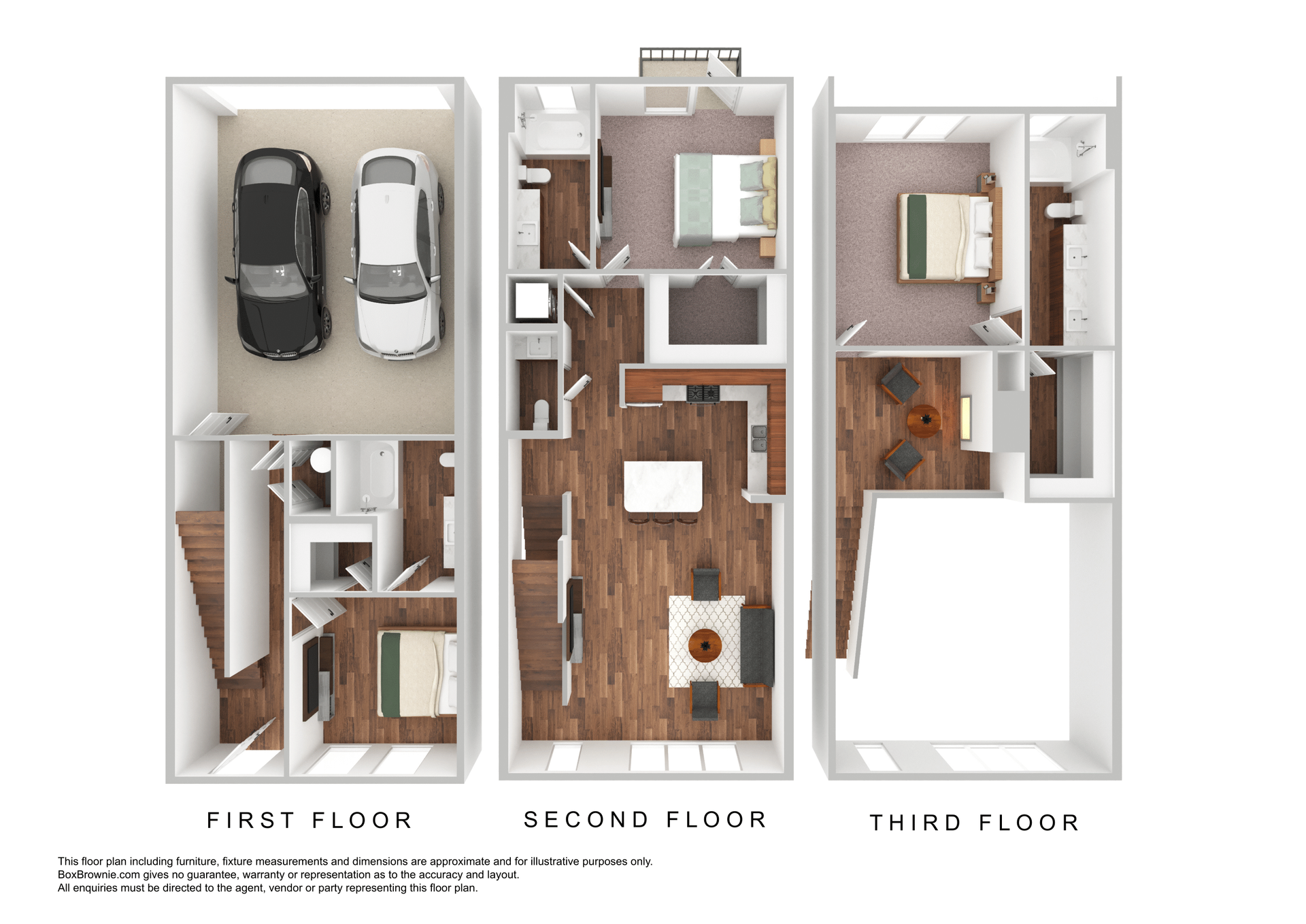 Floor plan of a three-story townhome with a garage and two bedrooms.