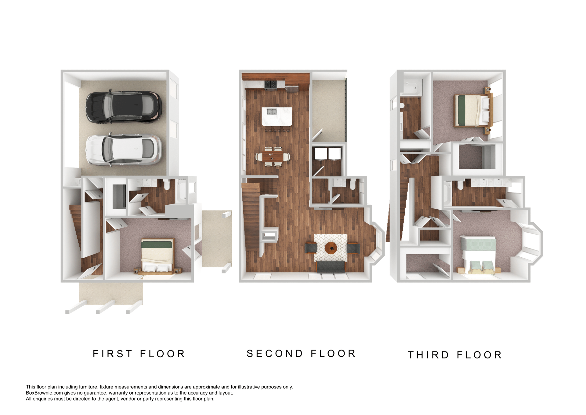 Three-story floor plan with a garage on the first floor, kitchen/living on the second, and bedrooms on the third.