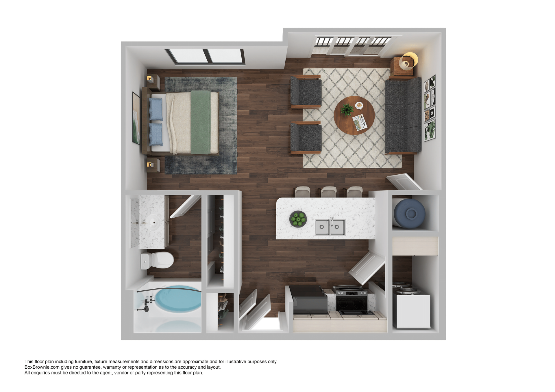 Top-down view of a studio apartment floor plan with bedroom, kitchen, living room, and bathroom.