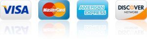 Logos for Visa, Mastercard, American Express, and Discover credit cards.