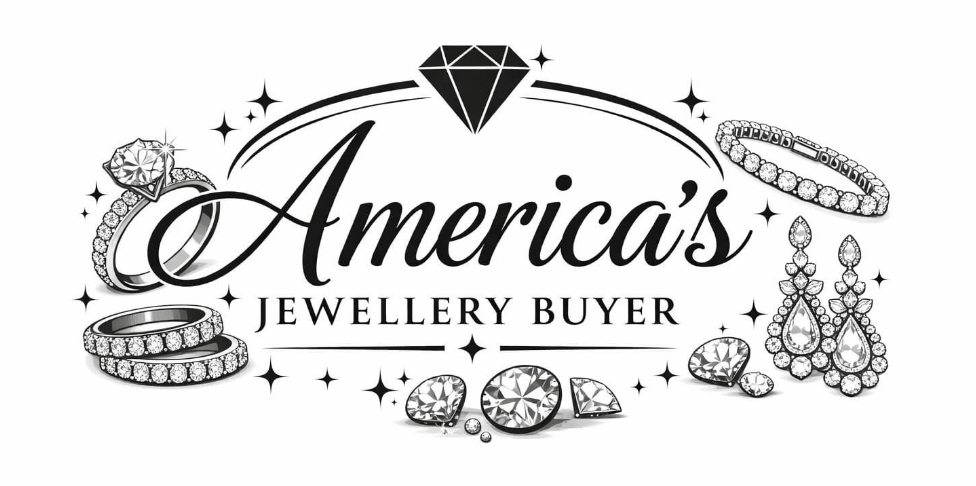 Logo for "America's Jewellery Buyer" featuring elegant cursive text, a diamond icon, and illustrations of jewelry pieces.