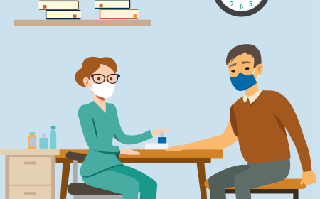 A man wearing a mask is getting a vaccine from a nurse.