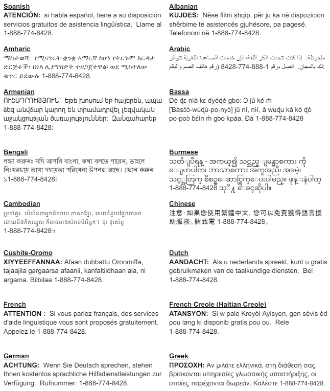 A list of telephone numbers in different languages