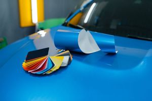 A blue car with a bunch of rolls of wrapping paper on the hood.