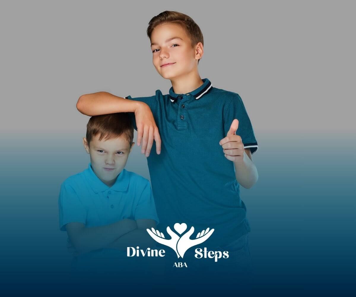 Two autistic boys posing confidently against a plain background, one giving thumbs up and smiling.