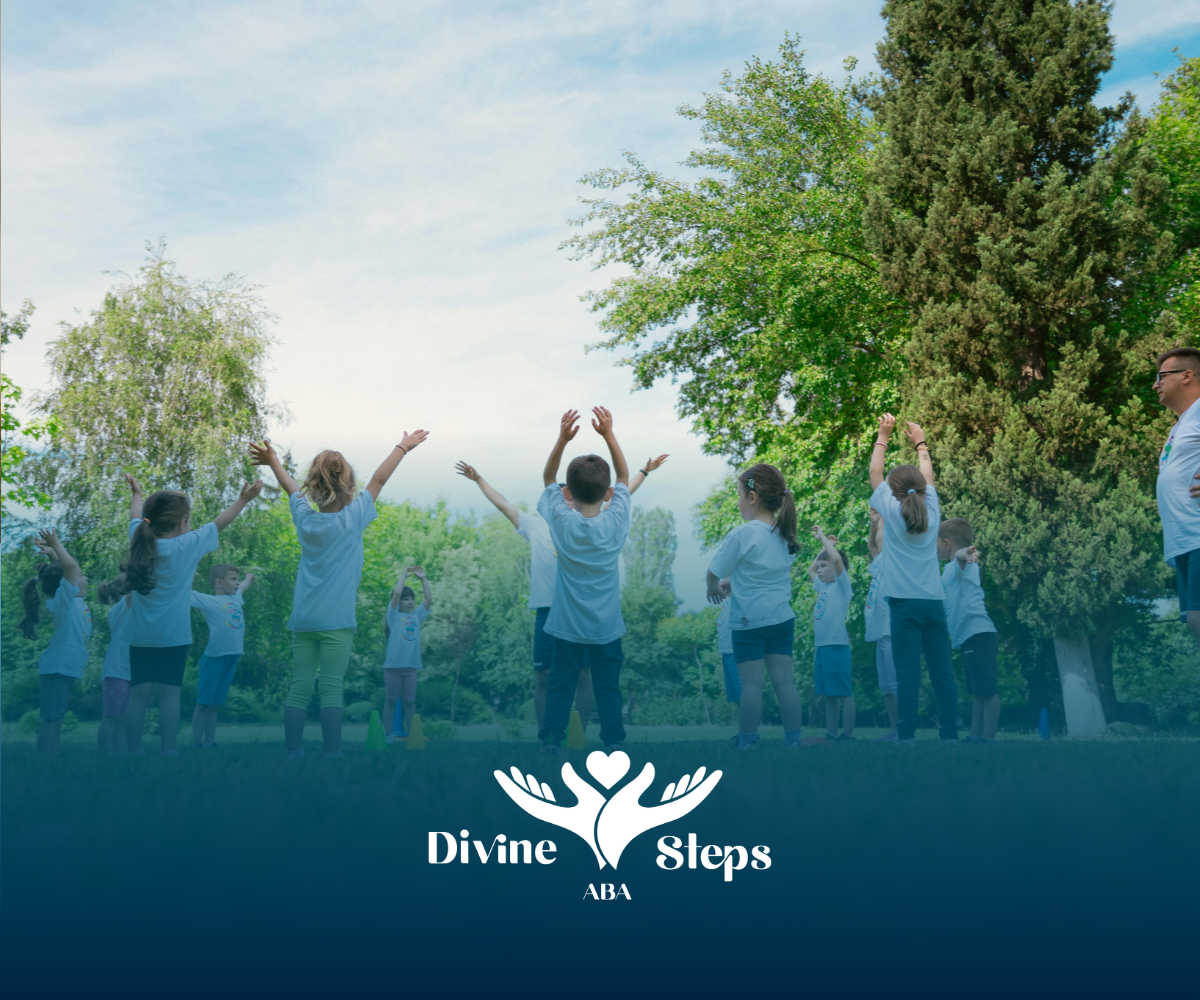 Children in white shirts with arms raised in a park, with a logo that says 