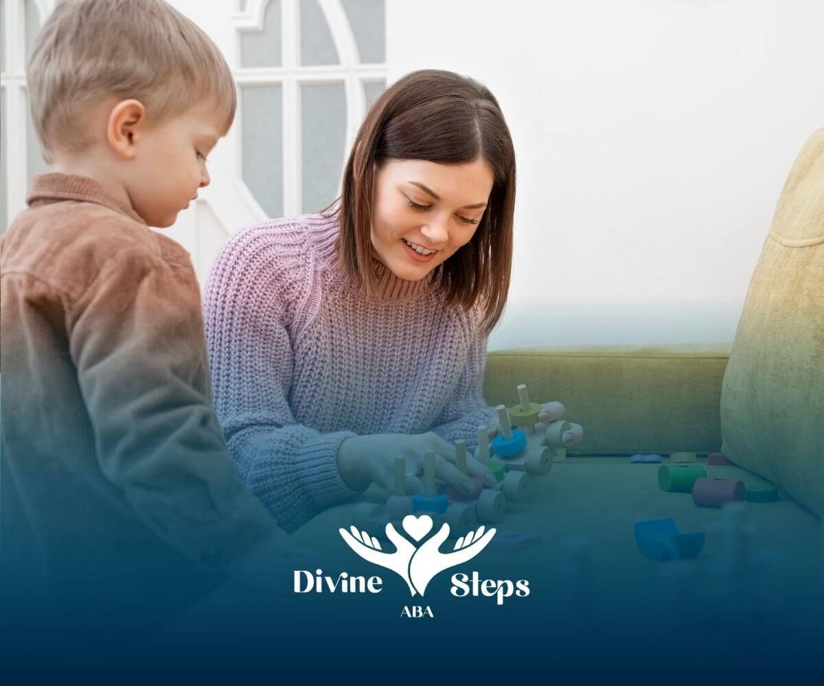 Therapist and autistic toddler play with wooden stacking toys during structured ABA session at home.