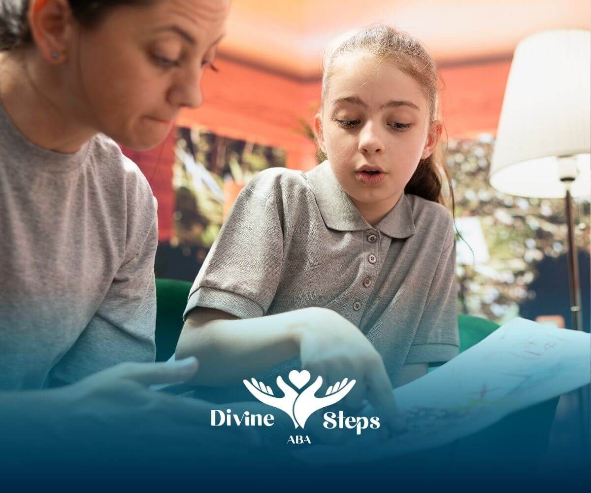 Therapist and autistic girl reviewing artwork together at home, supporting ABA therapy communication