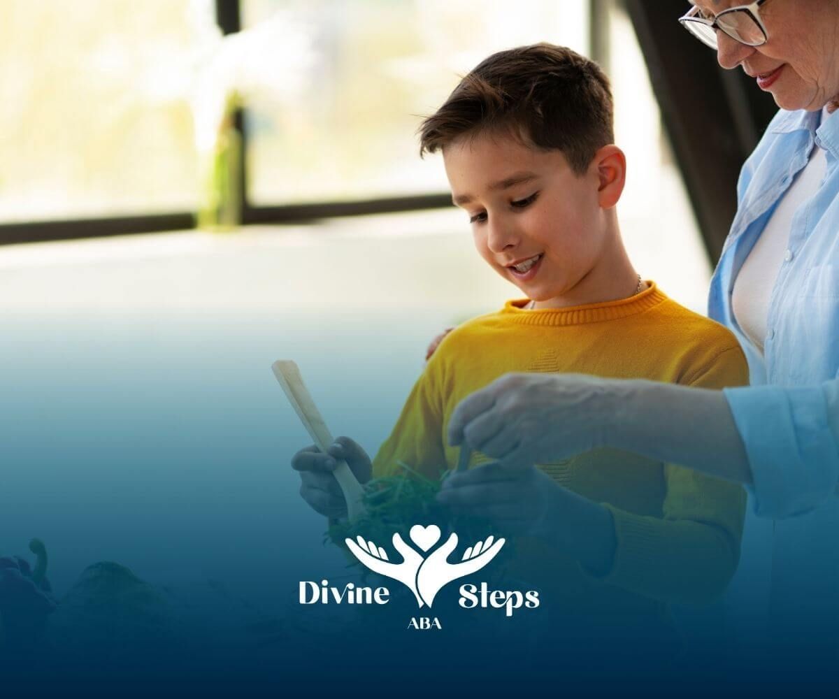 An autistic boy and a therapist are preparing a healthy salad together, building life skills.