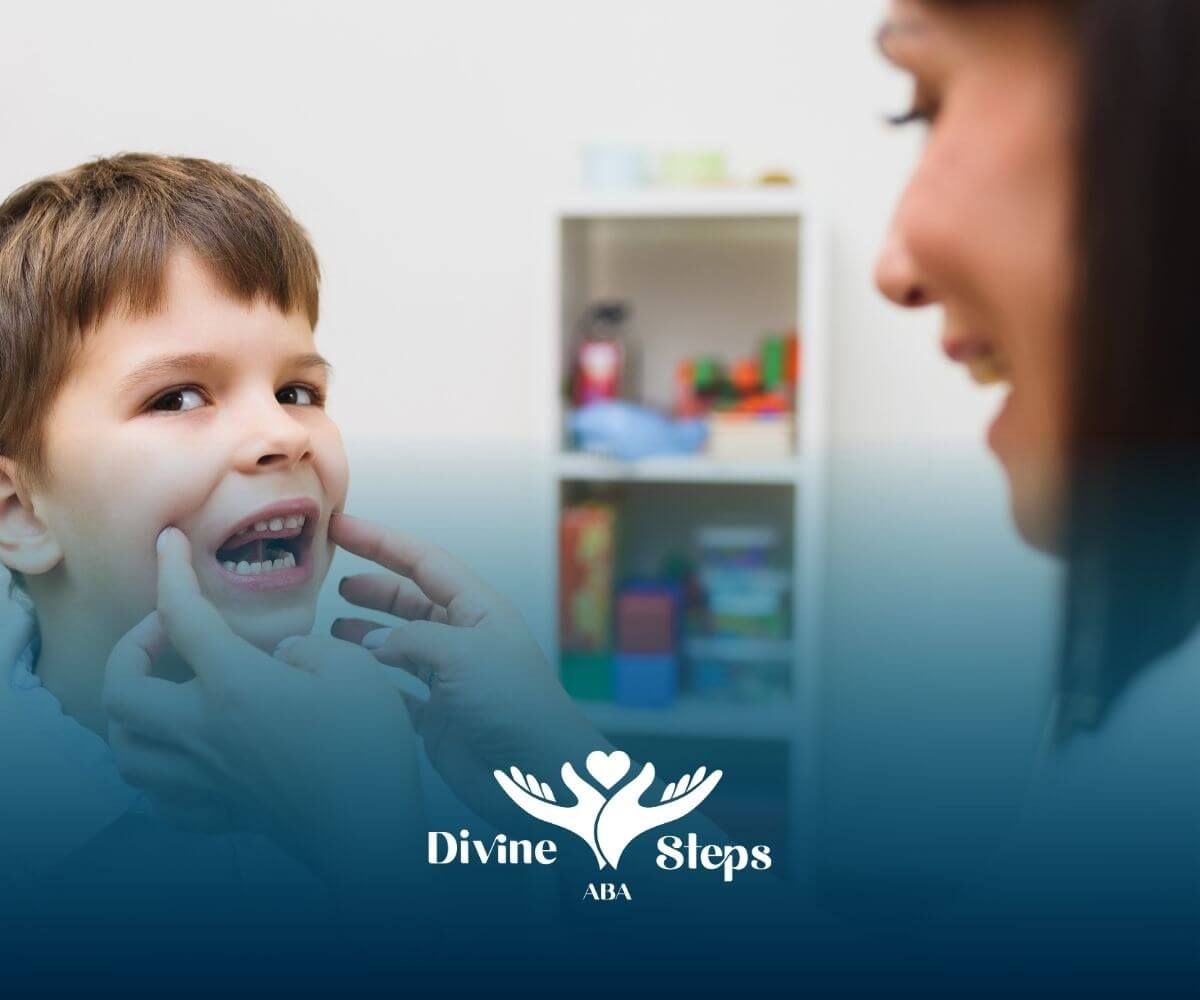 Therapist gently examining autistic boy’s mouth during speech or oral motor therapy session.