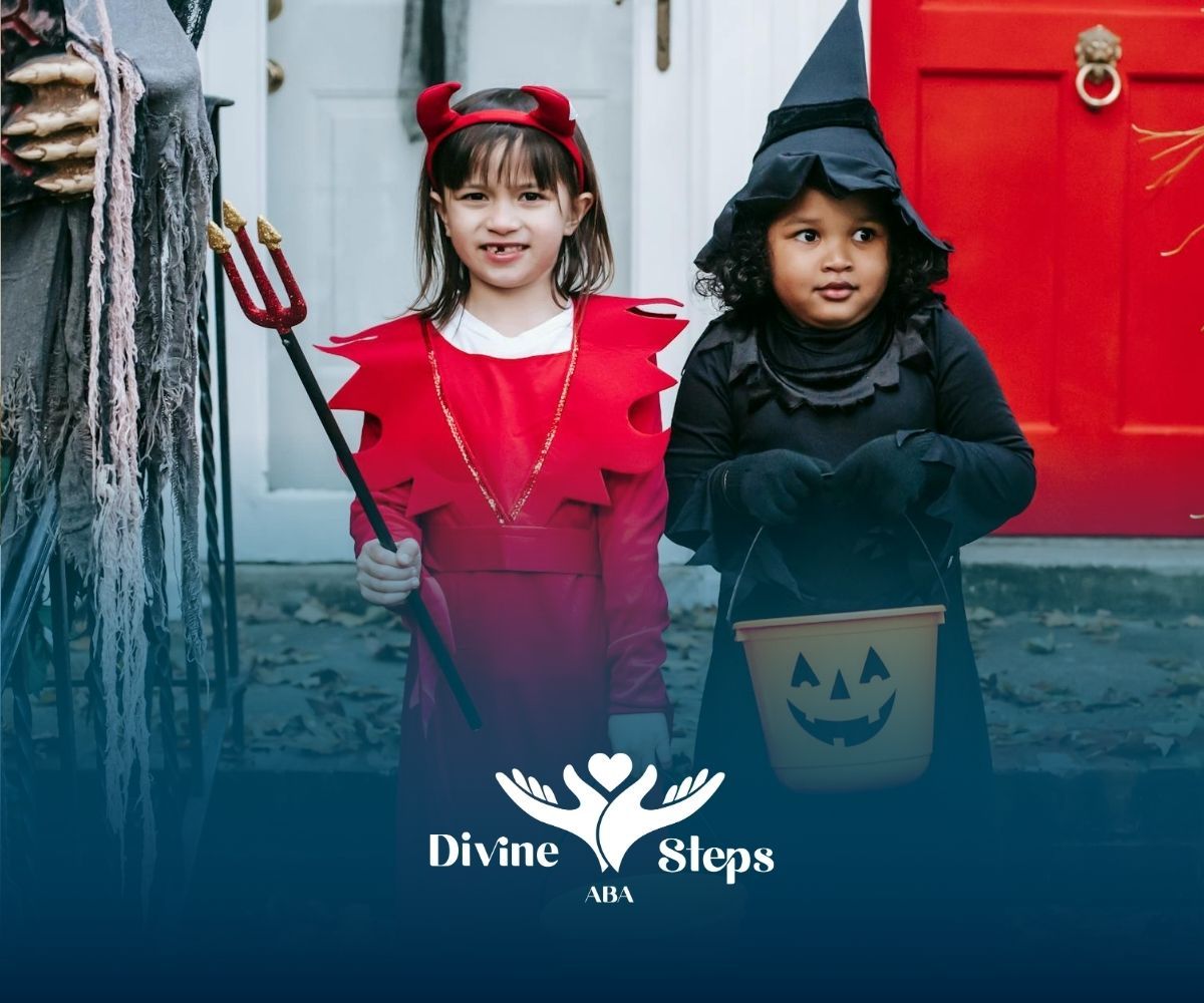 Two autistic children dressed as a devil and a witch holding Halloween buckets outside in Maryland.