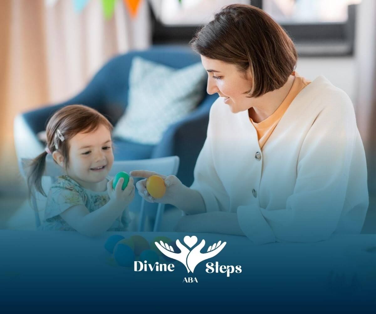 An ABA therapist and a little girl are playing with easter eggs in ABA therapy.