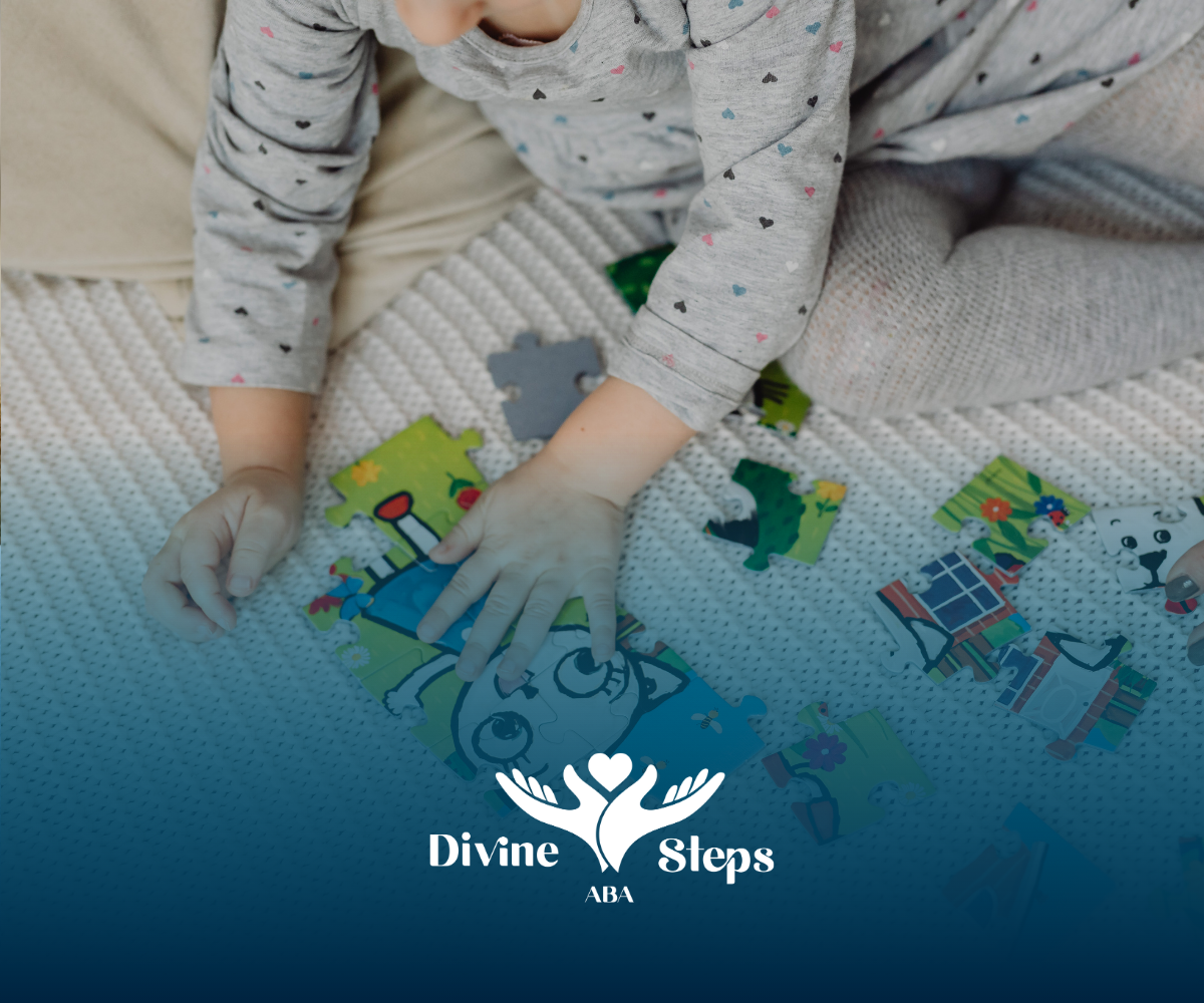 Child sitting on a bed assembling a colorful jigsaw puzzle.