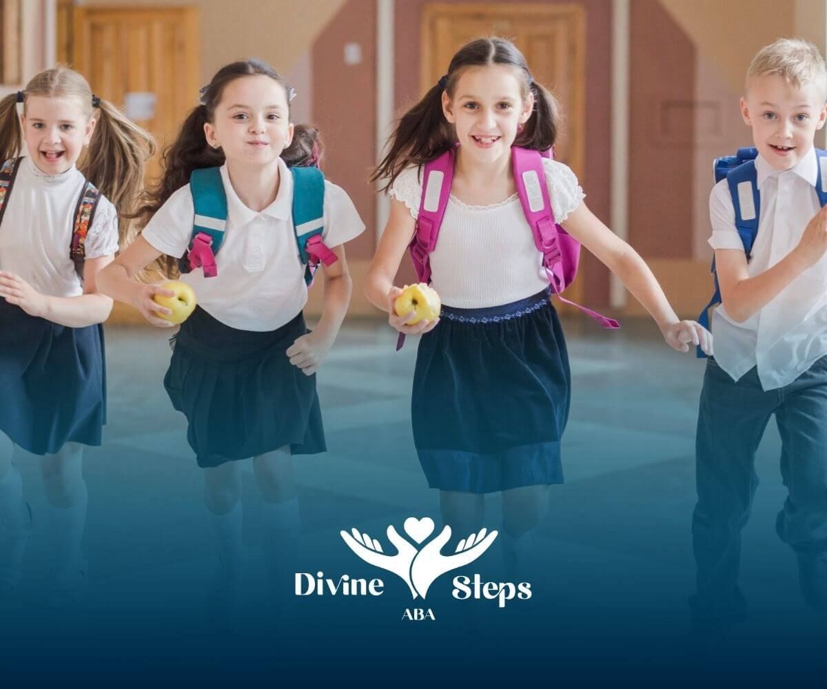 Four schoolchildren with autism running down a hallway with backpacks and apples.
