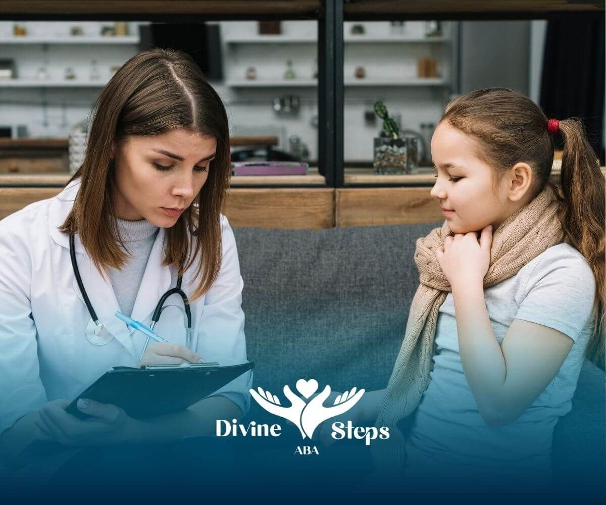 Therapist taking notes while talking with autistic girl, discussing symptoms during consultation