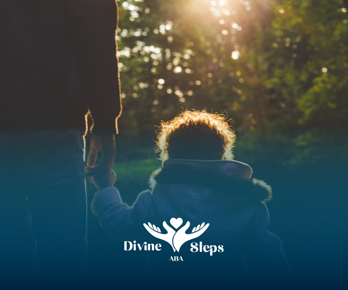 Parent holding a child's hand, walking toward sunlight. Divine Steps USA logo at the bottom.
