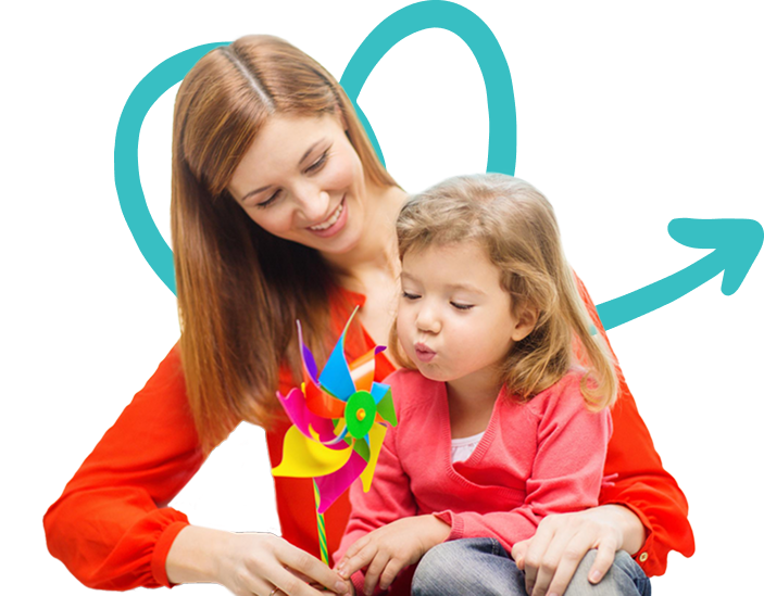 Woman and child blowing on a pinwheel, smiling. Teal heart graphic.