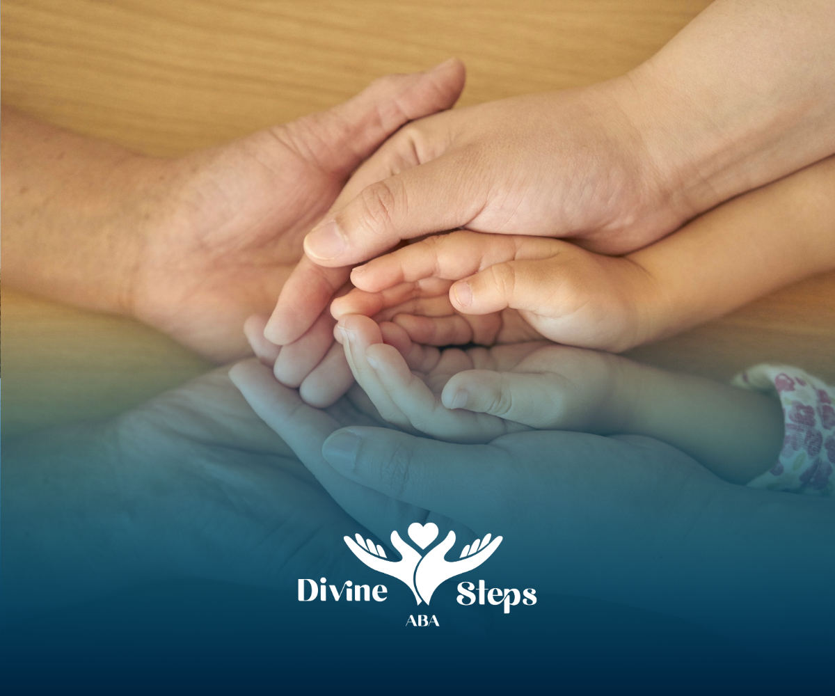 Hands stacked together: adult's, child's, and another's, symbolizing care and support.