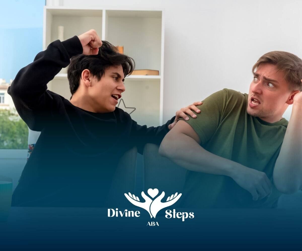 An autistic boy raising fist during argument with adult, illustrating emotional outbursts & conflict