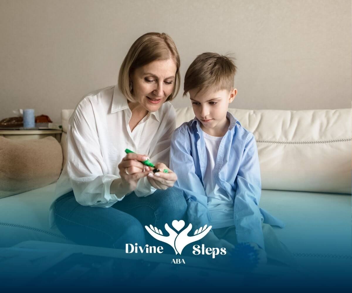 Therapist supports autistic boy with sensory play tools, fostering growth and engagement at home