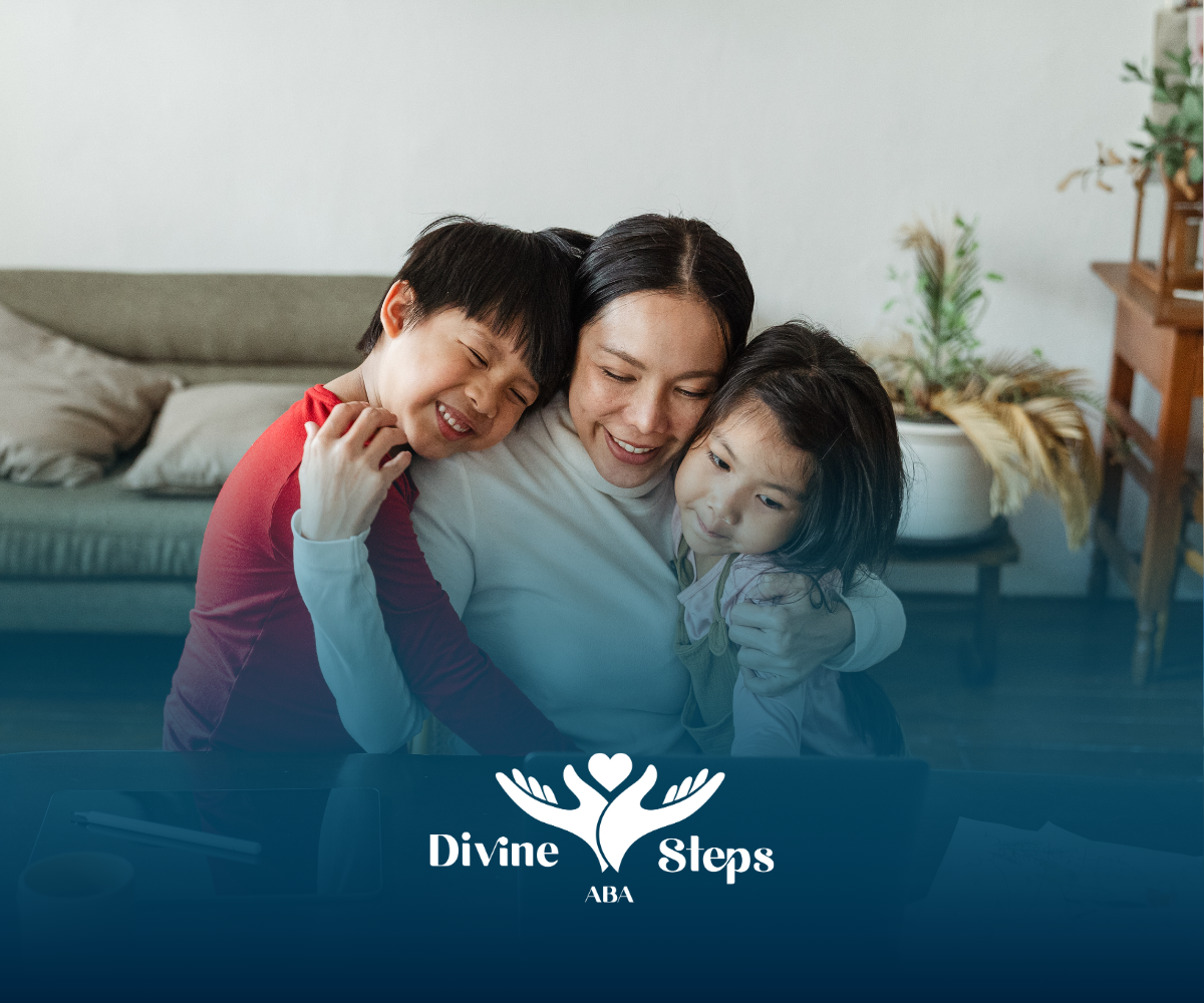 A woman is hugging two children in a living room.