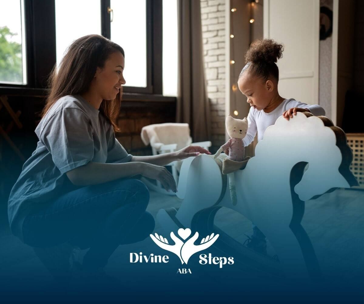 An ABA therapist and a child are playing with a rocking horse in ABA therapy.  