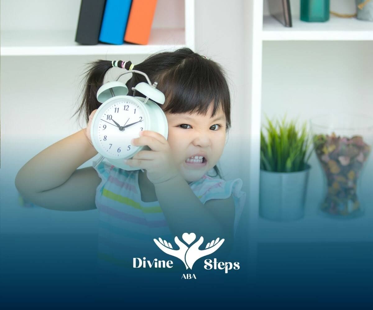 Young autistic girl holding alarm clock, illustrating time commitment in ABA therapy sessions.