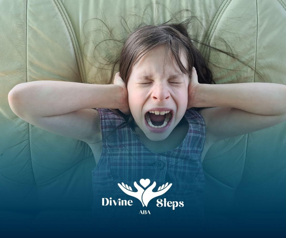 An autistic girl holding head and shouting, showing sensory overload and emotional distress.