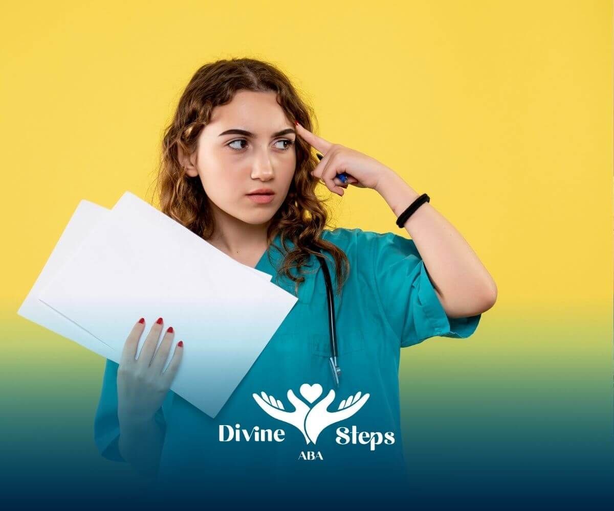 A therapist in medical scrubs holding papers and thinking, representing decision-making in BCBA