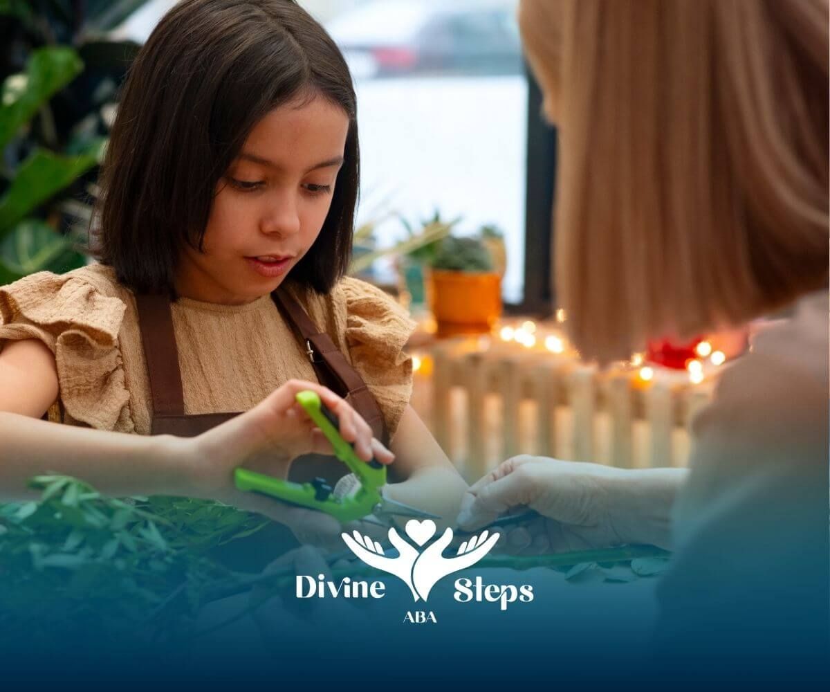 Autistic girl practicing fine motor skills cutting plant stem with therapist guidance during session