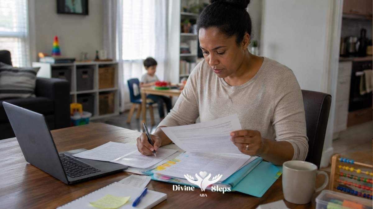 Parent reviewing ABA therapy claim denied paperwork at home desk with child