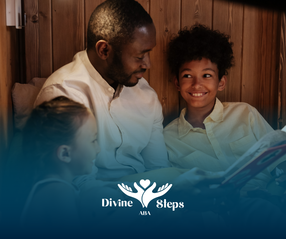 Father reading a book to his children in a cozy setting. Smiles, warm lighting, and family bond.