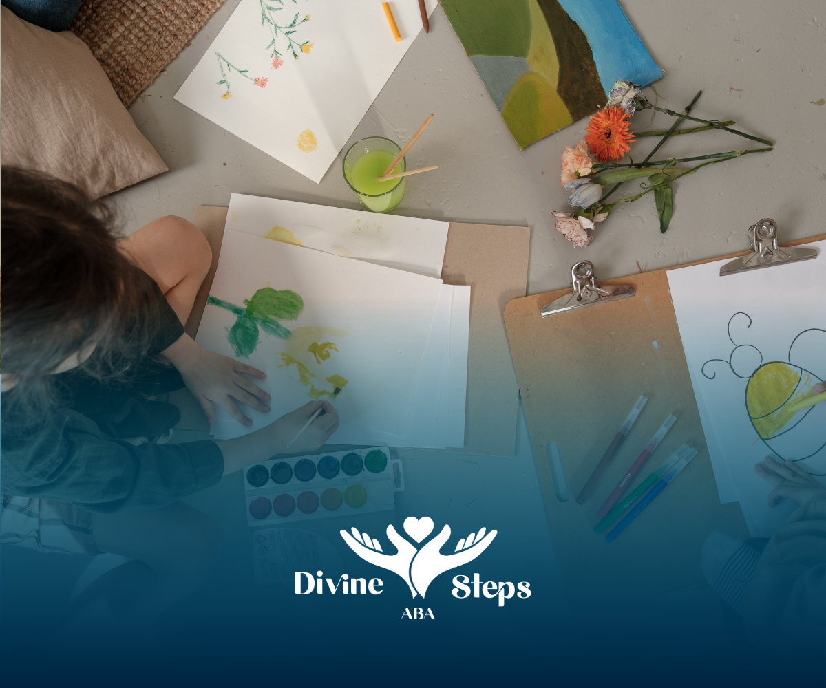 Child painting with watercolors, art supplies, flowers, and logo for 