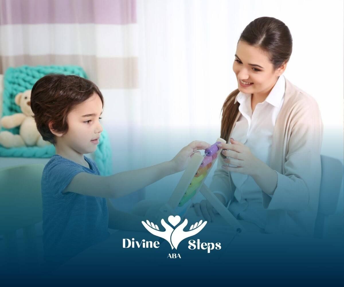 A BCBA is playing with a child who is holding a toy in ABA therapy.