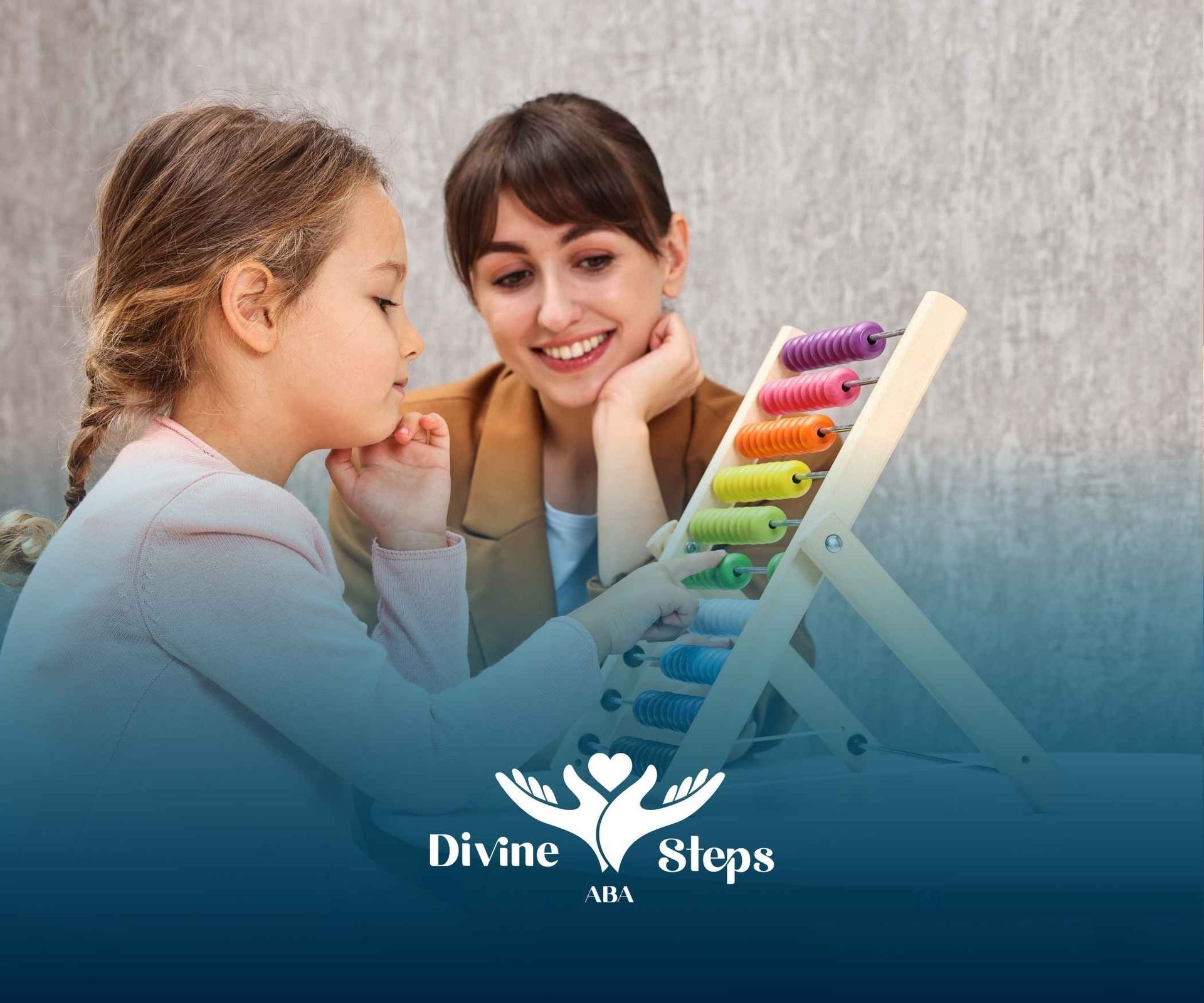A little girl is playing with a wooden abacus while a woman looks on.