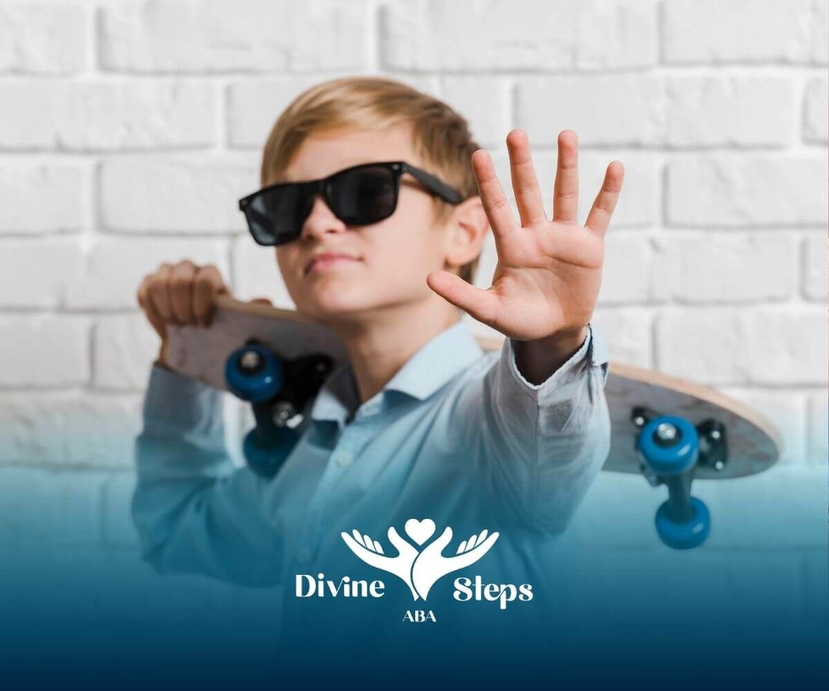 An autistic boy in sunglasses, wearing a light blue shirt, holding a skateboard over his shoulder.