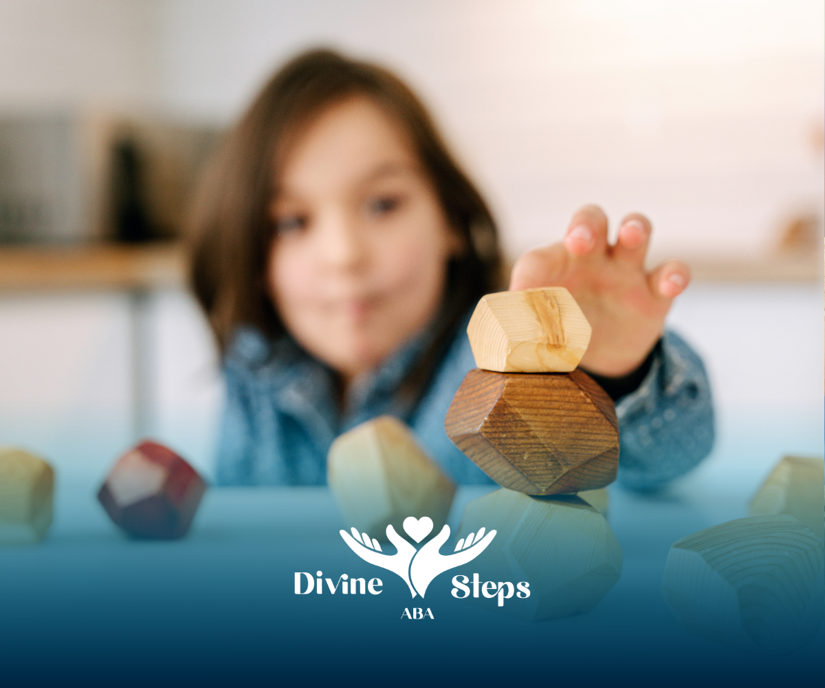 Child reaching for wooden toys on a table