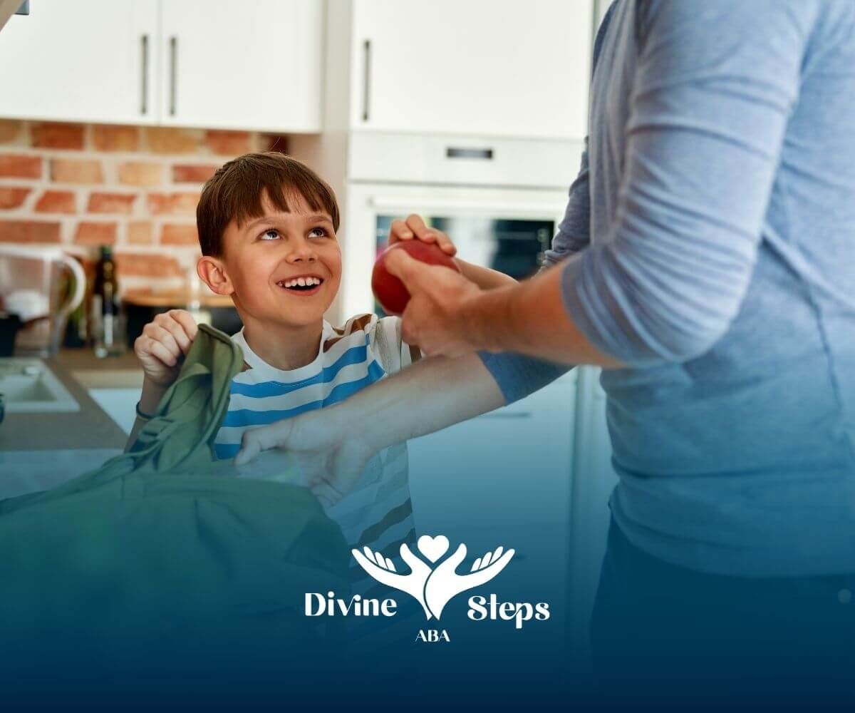 An autistic boy receiving fruit from therapist, practicing daily living and social interaction