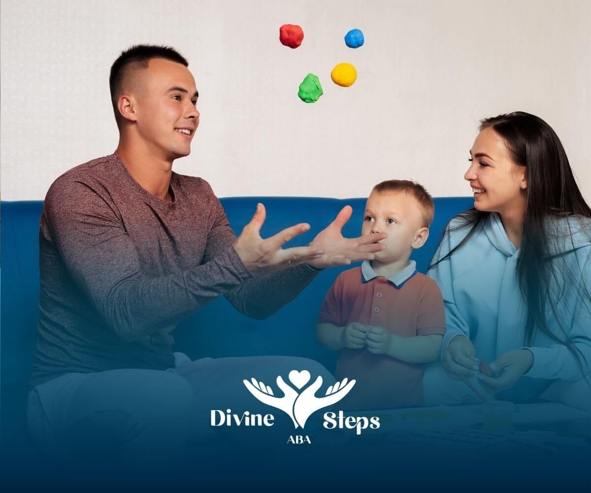 Therapists engage autistic child in creative play activity using modeling clay at home therapy.