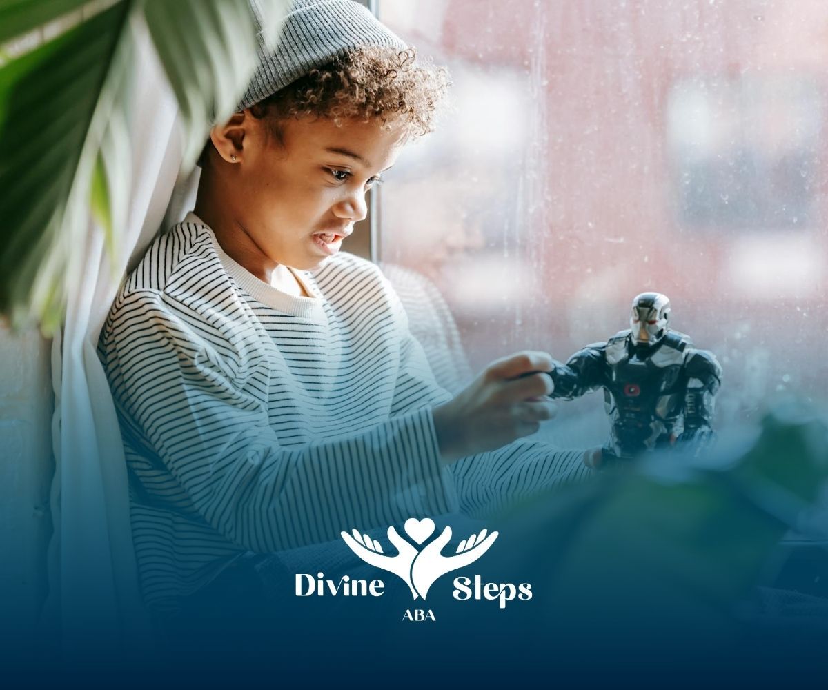 An autistic child playing with action figure toy by the window during in-home ABA therapy in NC.