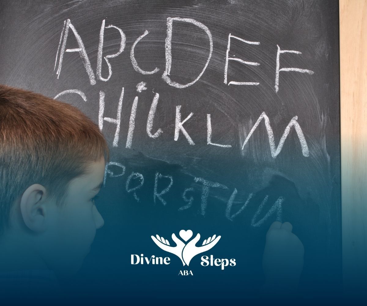 A child at a chalkboard writing the alphabet.