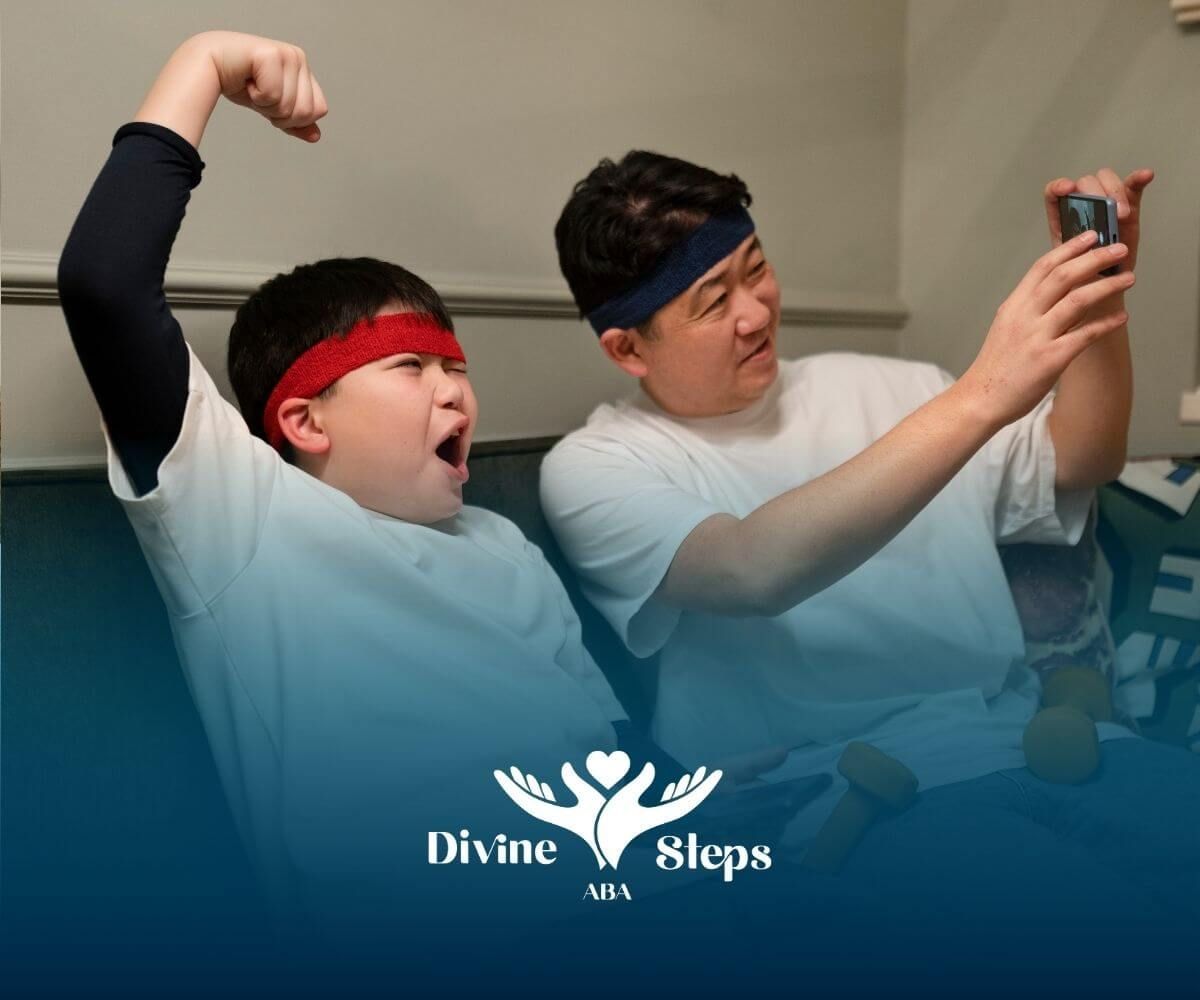 Therapist and autistic boy celebrate fitness progress while recording on smartphone at home