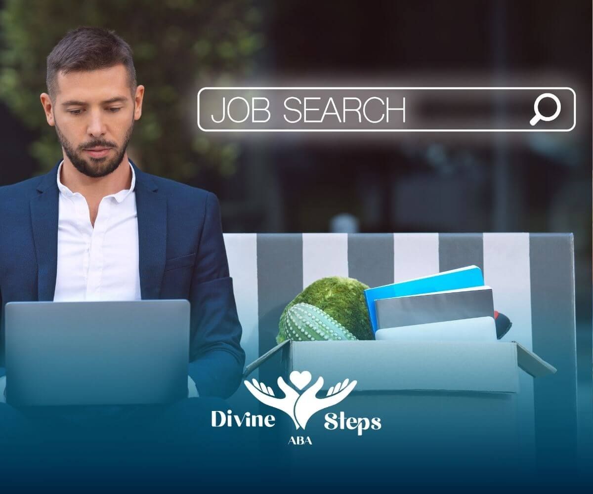 Therapist using laptop with job search text & box of belongings, representing BCBA job opportunities