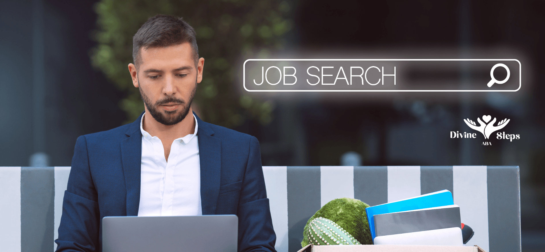 Therapist using laptop with job search text & box of belongings, representing BCBA job opportunities